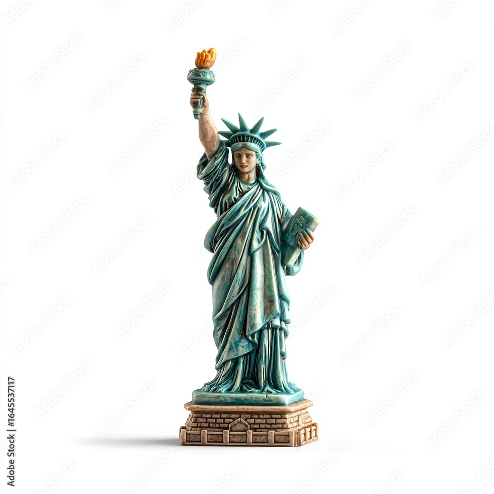 Fototapeta premium A statue of liberty miniature figurine with a torch and book on a white background in studio lighting