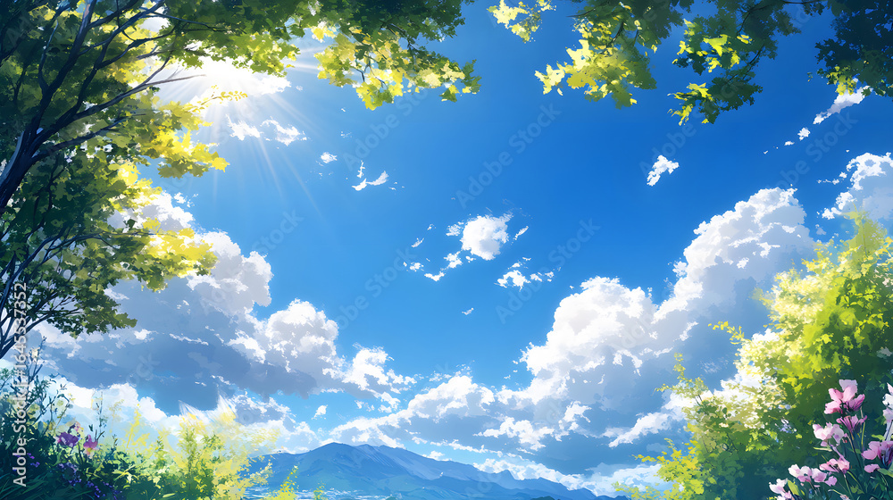Sunlit Clear Sky with Fluffy Clouds Over Lush Green Trees Sunlit Clear Sky with Fluffy Clouds Over Lush Green Trees