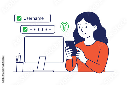 A Woman Using Phone for Two-Factor Authentication at a Clean Office Desk with Desktop, Login Screen and Security. Flat Style Vector Illustration with Red, Green, Dark Blue Color Scheme