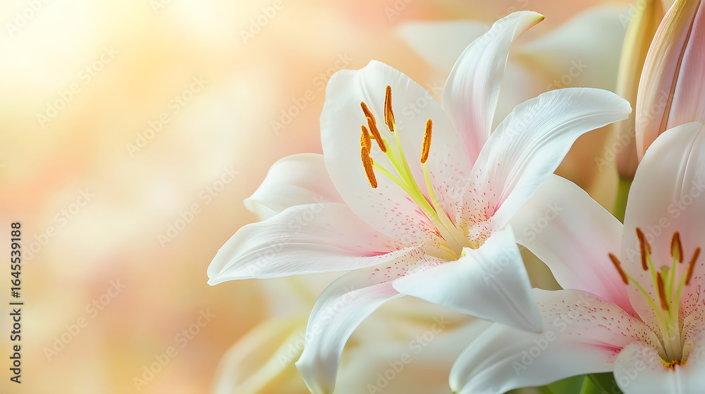 Fototapeta premium Close-up of beautiful white lilies with soft natural light