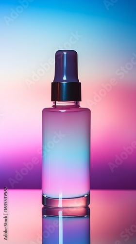 Gradient cosmetic bottle on reflective surface with vibrant background