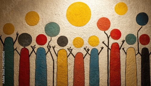 Colorful, childlike figures with raised arms, holding and surrounded by various sized, brightly colored circles, painted on a textured wall