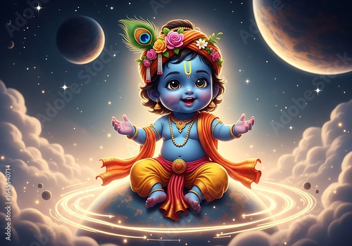 Adorable baby Krishna with peacock feather crown smiles joyfully, surrounded by stars and planets