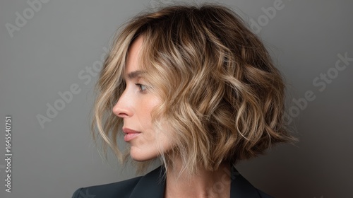 Side profile of a woman with a wavy bob hairstyle