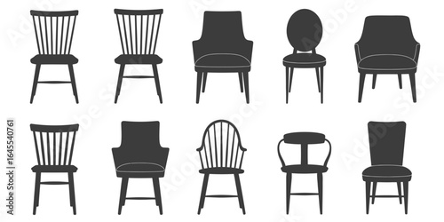 UntitledVector art of assortment of chair silhouettes isolated on white background, displaying different styles and designs, suitable for interior design projects, furniture catalogs, and visual repre