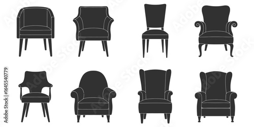 UntitledVector art of selection of armchair silhouettes isolated on white background, showcasing diverse designs and styles, ideal for interior design projects, furniture catalogs, and visual represen