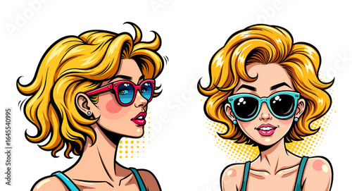 Two blonde friends in sunglasses with bright hair in comic style on a summer theme