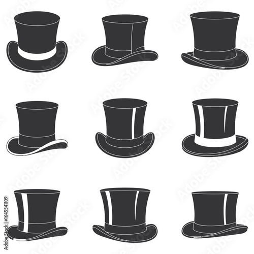 UntitledVector art of collection of top hats isolated on white background, showcasing various styles, shapes, and designs, perfect for fashion, vintage, or formal wear related projects and design elem