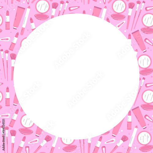 Round pink frame with beauty and makeup items – brushes, lipstick, mirror, hair clips. Cute cosmetic border for invitations, cards, and social media design.

