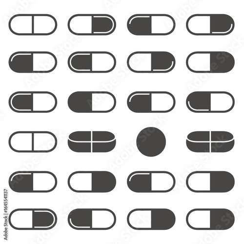 UntitledVector art of collection of various pill and capsule icons, isolated on white background, representing pharmaceutical drugs, medication, and medical treatment for health and wellness