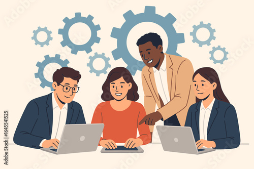 Business team working together on a project. Diverse group of office workers in a meeting, collaborating with laptops. Teamwork, workflow, and management concept vector.