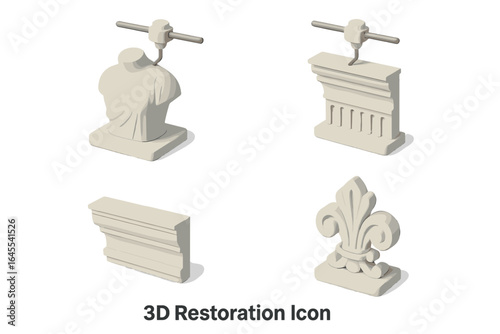 Isometric 3D printing restoration icon set. Modern technology for heritage conservation. Ancient statue, classical column, and architectural ornament vector illustration.