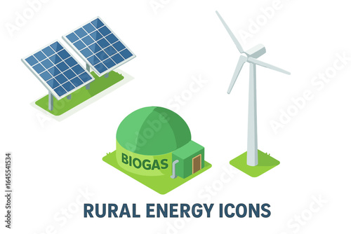 Rural energy icons set. Isometric vector illustration of renewable, sustainable power sources. Solar panels, wind turbine, and biogas plant for green electricity generation.