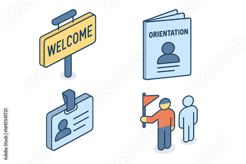 Orientation icon set for new employees. Welcome, onboarding, training, guidance concepts. Isometric vector icons of welcome sign, manual, ID badge, and tour guide.