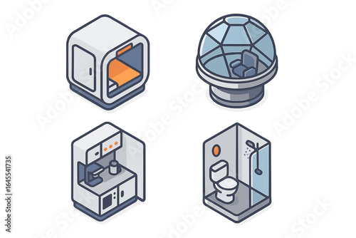 Isometric space hotel icon set for futuristic tourism. Vector habitat modules for cosmic travel. Interior icons: sleeping pod, kitchen, bathroom, observation deck furniture.