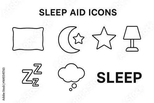 Sleep aid icons set. Night rest and bedtime routine symbols. Insomnia and relaxation concept. Pillow, moon, star, lamp and zzz sign for a healthy dream illustration.