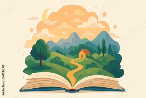 Book of imagination with a landscape popping up from the pages. Reading and education concept. Fantasy world, fairytale story with nature, mountains, and a path. Vector.