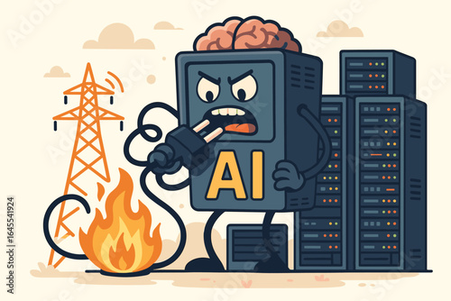 AI energy consumption metaphor. Angry artificial intelligence monster unplugging power in a data center. Concept for electricity crisis, high power use, server overload, and climate change.