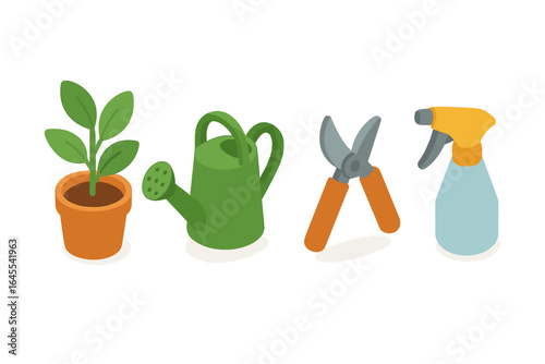 Gardening tools icon set for plant care. Vector illustration of houseplant in a pot, watering can, pruning shears, spray bottle. Home garden hobby concept.