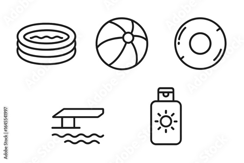 Pool party icon set for summer vacation and leisure. Simple line art symbols including inflatable pool, beach ball, swim ring, diving board, and sunscreen for sun protection.