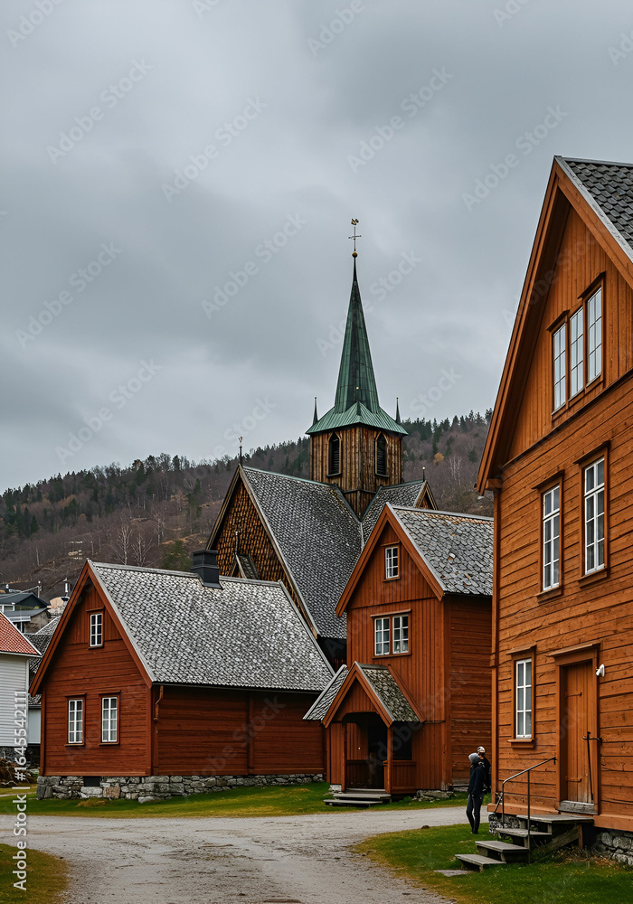 Obraz premium Wooden buildings in a Scandinavian village with a church spire. Tourists standing outside the buildings, observing the historic architecture. Residents of a quaint Norwegian town -