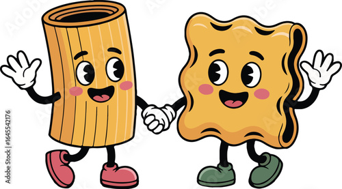 Cute Cartoon Pasta Characters Holding Hands, Funny Macaroni and Ravioli Vector Illustration
