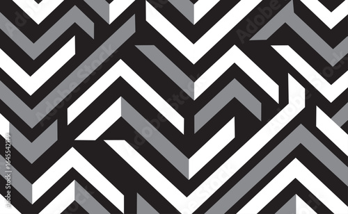 Geometric Chevron Maze Seamless Pattern,3D Chevron Zigzag Pattern in Black, White, and Gray,Monochrome 3D Abstract Zigzag Background
