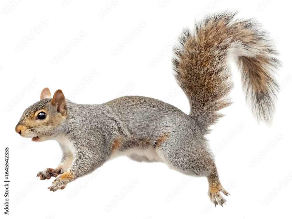 Obraz premium A gray squirrel with a bushy tail is captured in motion against a black background in a studio shot