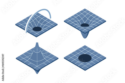 Isometric space icons set. Black hole, event horizon, singularity, and warped spacetime grid. Gravitational field, wormhole, and physics concepts. Vector illustration.