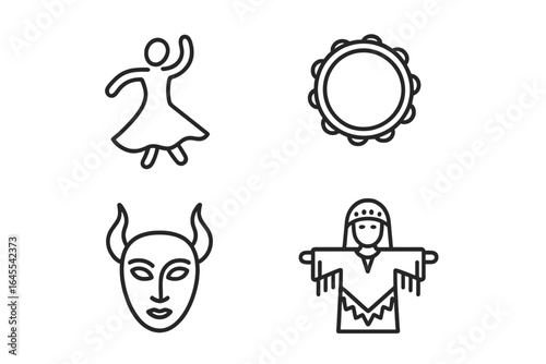 Sacred dance and ritual icons set. Folk pagan ceremony and cultural celebration symbols. Vector outline of a dancer, devil mask, tambourine, and traditional folk doll.