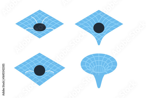 Isometric space icons. Event horizon and singularity vector set. Black hole, warped space-time grid, and gravitational funnel. General relativity physics illustration.