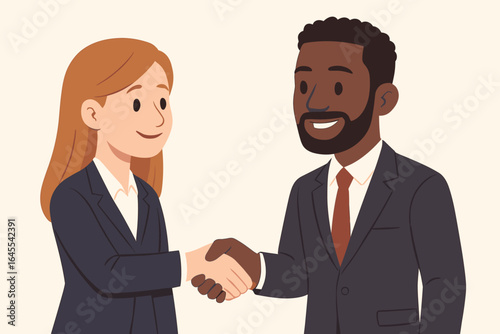Diverse business people handshake. Caucasian woman and black man in suits shaking hands. Successful deal, partnership, or agreement concept. Vector cartoon illustration.