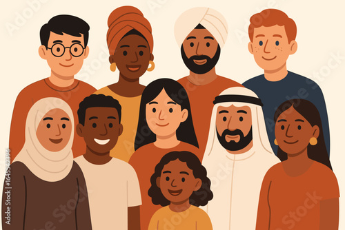 Diverse people group portrait. Multi-ethnic community standing together. Vector illustration of multicultural society. Concept for inclusion, equality, and racial unity.
