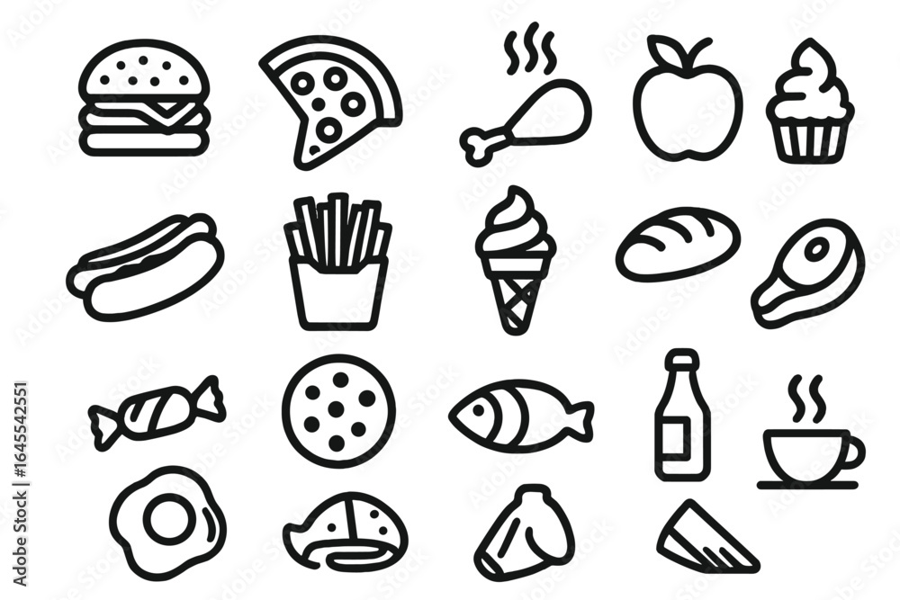 Huge food icon set. Simple black line icons for fast food, meals, drinks, dessert. Includes hamburger, pizza, fries, hot dog, chicken, fish, steak, coffee, cake, ice cream.