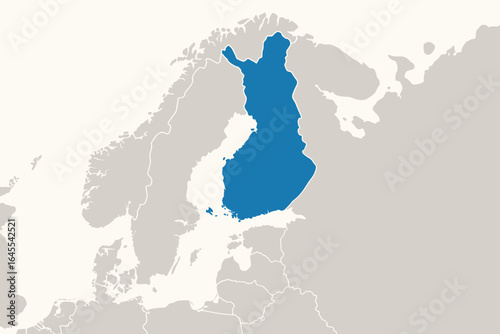 Finland vector map. Finnish country in blue on a grey map of Scandinavia. Suomi political border. Geography of Nordic countries in Northern Europe. Simple cartoon illustration.
