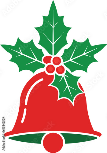 Single christmas bell silhouette decorated with holly leaves and berries