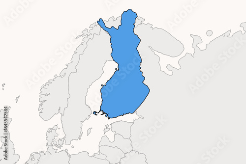 Finland vector map. Finnish country in blue on grey map of Europe. Cartoon illustration of Scandinavia. Suomi political geography, national border, and territory outline.
