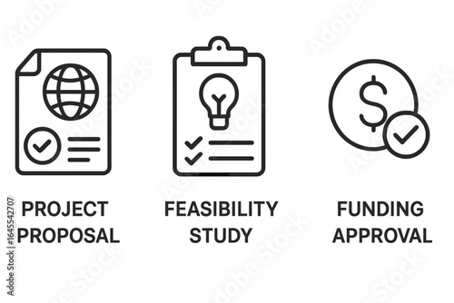 Project lifecycle management icons. Vector outline set showing project proposal, feasibility study, and funding approval. Business development and investment concept.
