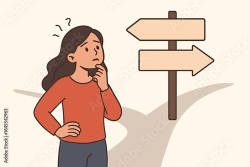 Woman making choice at crossroad. Concept of decision, dilemma, uncertainty. Person standing at fork in the road. Choosing future path, direction, or strategy. Metaphor.