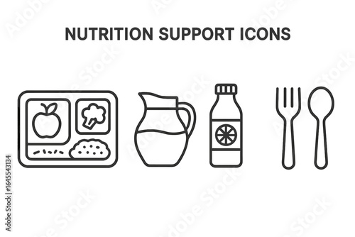Nutrition support icon set. Outline icons of a balanced meal tray for school or hospital, water jug, juice bottle, and cutlery. Vector for diet & healthy food.