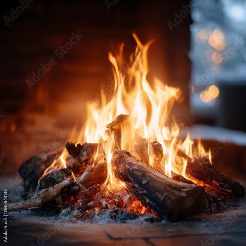 Cozy Fireplace Ambiance: A close-up of a roaring fireplace, radiating warmth and tranquility, showcasing vibrant flames dancing around crackling logs.