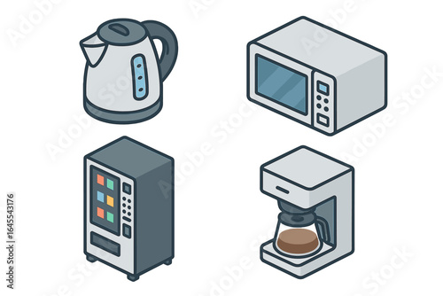 Office breakroom icon set. Isometric vector illustration of kitchen appliances. Electric kettle, microwave, vending machine, coffee maker for office life and coffee break.