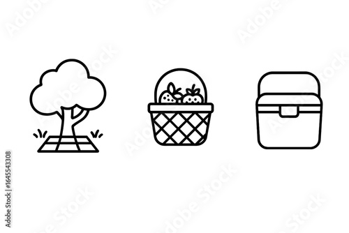 Outdoor leisure icons set: picnic spot under tree, checkered blanket, full basket, insulated cooler. Ideal for park, summer, camping, and family fun.