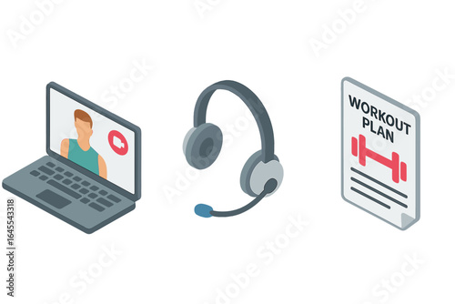 Online fitness coaching isometric icon set. Virtual personal trainer on laptop video call with workout plan and headset. E-learning for health and exercise concept vector.