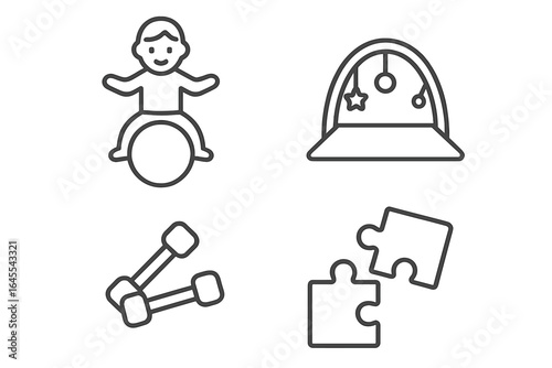 Pediatric therapy and child development outline icon set. Kid on a therapy ball, play gym, dumbbells, and puzzle. Physical, occupational therapy for early intervention.