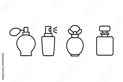 Perfume bottle line icon set. A collection of four different cosmetic fragrance container symbols for beauty. Vector outline illustration with vintage atomizer and spray.