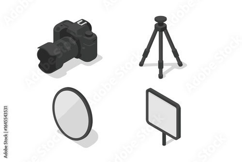 Photography equipment isometric icon set. Vector illustration of professional photo gear like digital camera with lens hood, tripod, light reflector, and softbox diffuser.