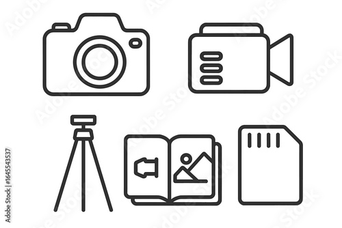 Photography and videography line icon set. Camera, video recorder, tripod, album, and memory card symbols. Vector outline graphic for photographer or filmmaking gear.