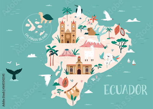 Hand Drawn Map of Ecuador with Galapagos Islands, Wildlife, Landmarks, and Nature Symbols. Vector Illustrated Design, Poster