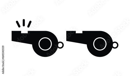 Two black silhouette whistle icons one blowing and one silent